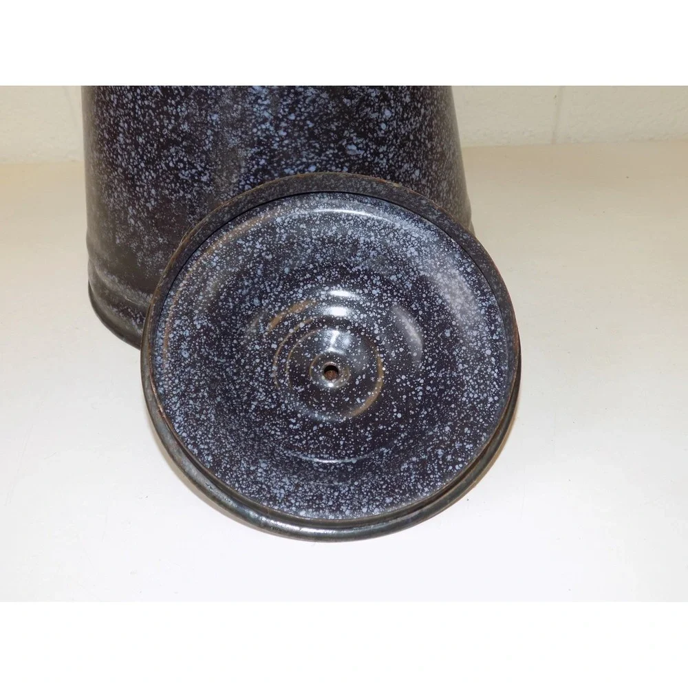 Vintage LARGE Blue Speckled Enamel Coffee Pot Wood Handle Campfire Kettle